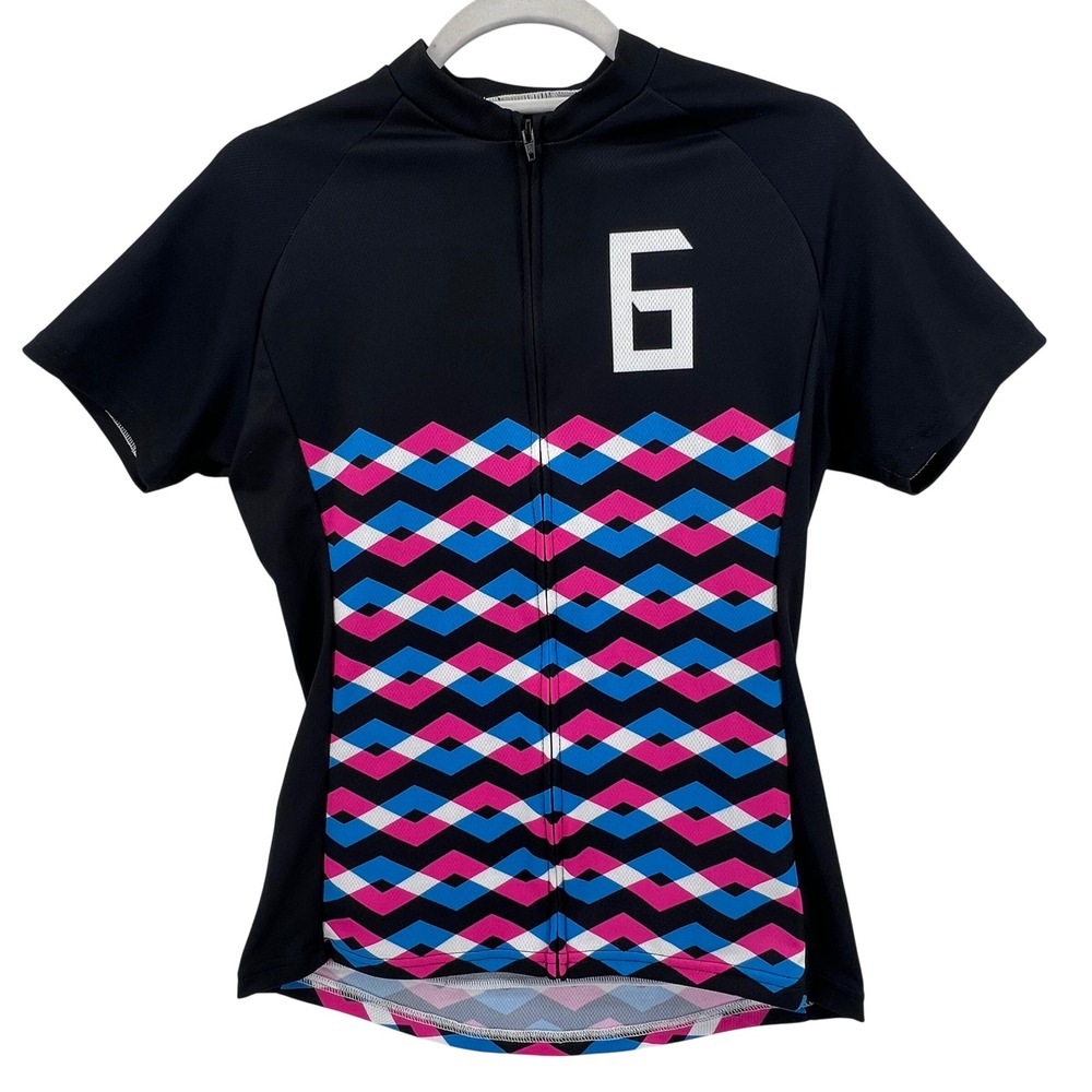 Twin Six Club Raglan Cycling Jersey Womens Medium Black Pink Blue Geometric